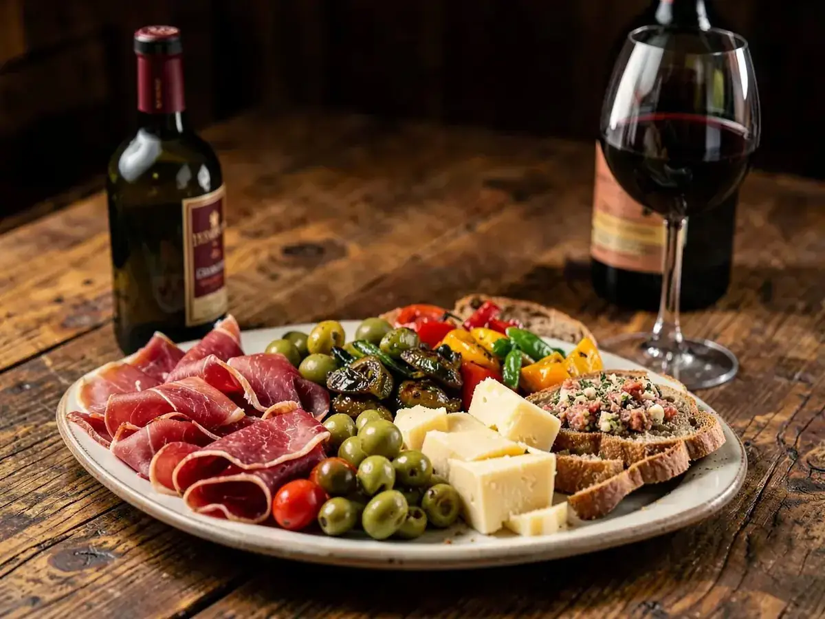 Antipasti-Platte mit italienischem Wein im Ristorante Alsterschleuse – Vorspeisen und Weinauswahl