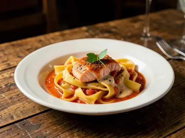 Tagliatelle with salmon in creamy tomato sauce