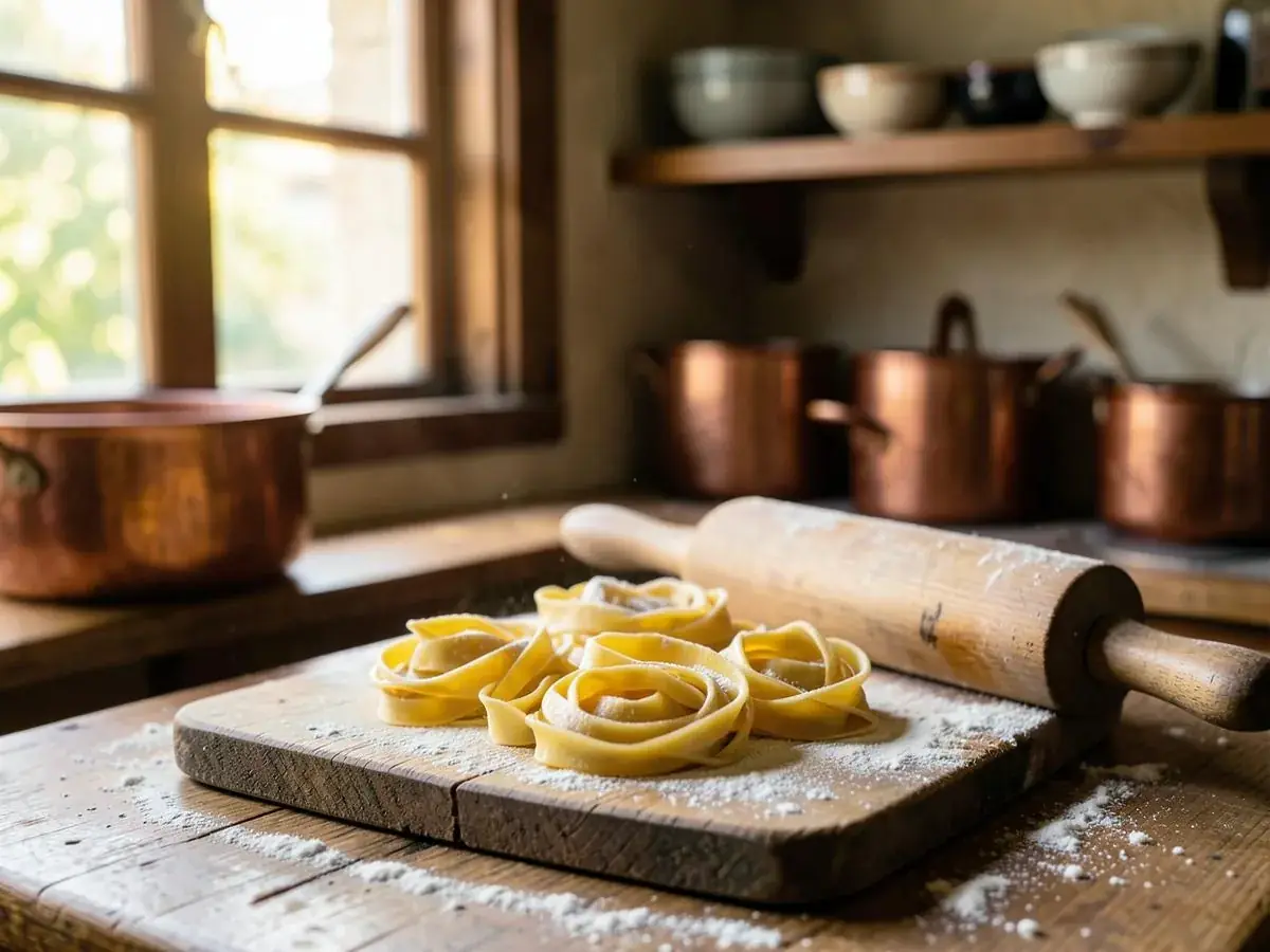 Frische Pasta-Zubereitung in der Küche des Ristorante Alsterschleuse – hausgemachte Tagliatelle