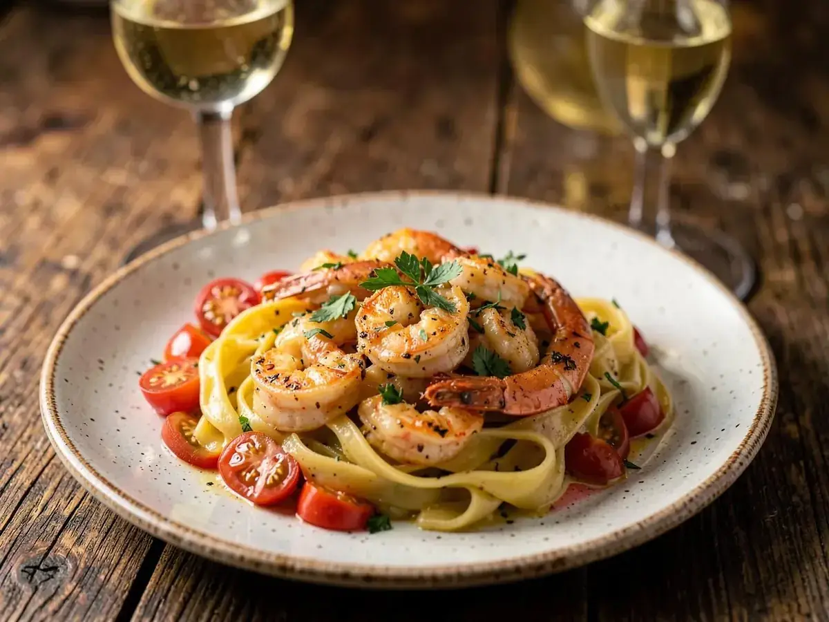 Hausgemachte Pasta mit Garnelen – mediterranes Gericht im Ristorante Alsterschleuse in Tangstedt