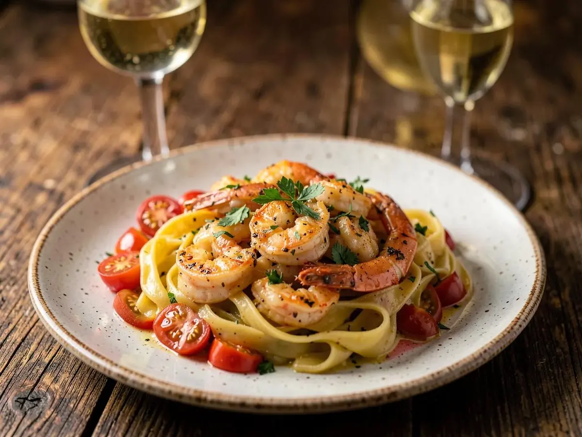 Hausgemachte Tagliatelle mit Garnelen – italienisches Restaurant Tangstedt